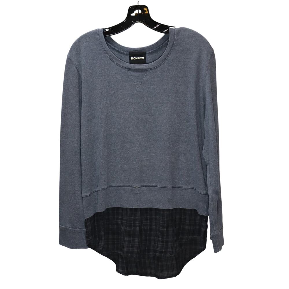 Monrow Layered Hem Gray‎ Sweatshirt with Plaid Contrast Size L
